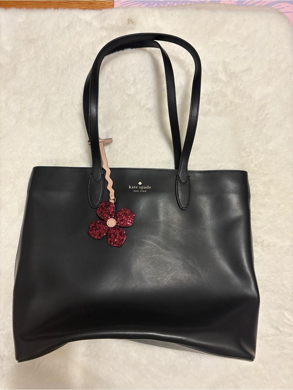 kate spade Black Leather Shoulder Tote with Red Sequin Flower Charm - Picture 1 of 6